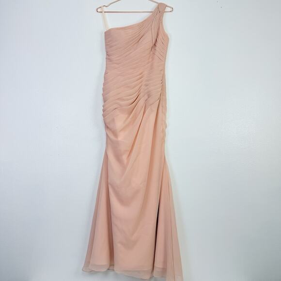Angelina Faccenda Bridesmaids Gown Size 8 Blush Pink One Shoulder Chiffon Prom - Picture 2 of 16
